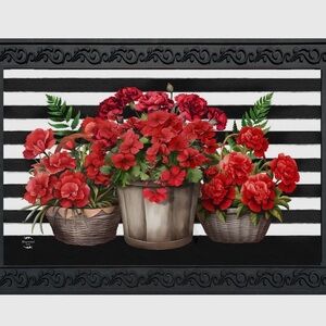 Red Geraniums & Black White Stripe Doormat Insert